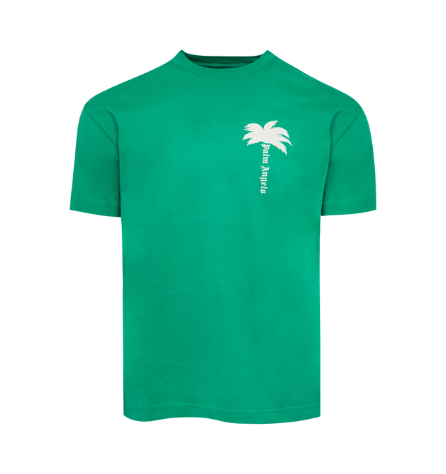 Image 1 of 2 - GREEN - PALM ANGELS Palm Tree T-shirt featuring palm tree print and logo, crew neck and short sleeves. 100% cotton. 