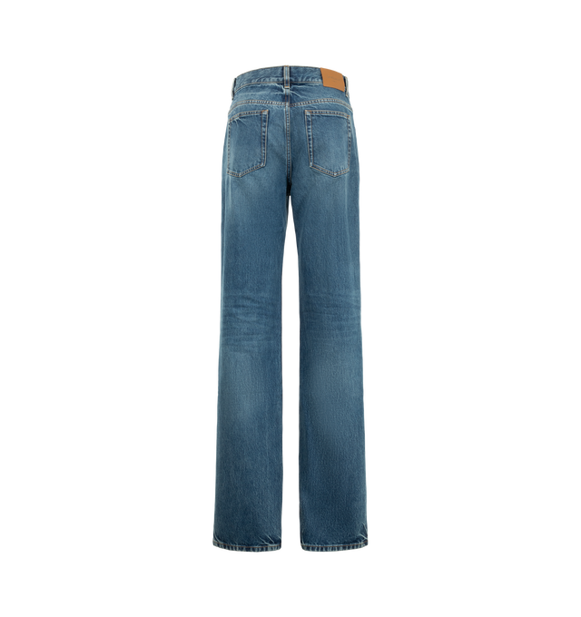 Image 2 of 3 - BLUE - Saint Laurent Women's Straight-Leg Nico Jeans are crafted from cotton denim and feature a button closure with a button fly and classic five-pocket construction. Saint Laurent Paris-embossed leather jacron at the back complete the design. Main Material: Cotton. Made in Italy. 