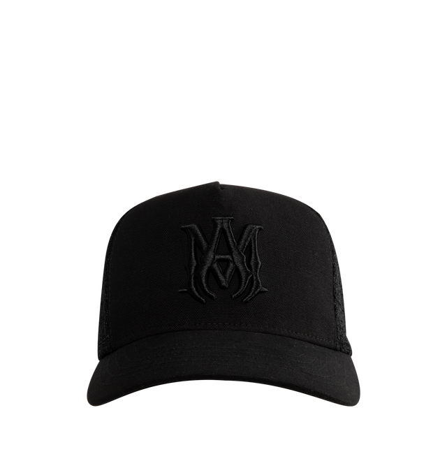 Image 1 of 2 - BLACK - Amiri Mens MA Surf Foam Trucker Hat is crafted from polyester foam. Features embroidered MA logo, curved brim, embroidered eyelets, mesh back panels, and adjustable double snapback closure. Main Material: 100% Polyester. Made in USA. 