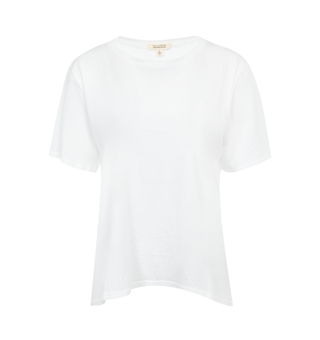 WHITE - NILI LOTAN Marley Tee featuring relaxed fit, slightly boxy, crew neck, vintage pitched sleeve, shorter body, self trim at neckline, back neck and shoulder finished with self binding. 100% cotton. 