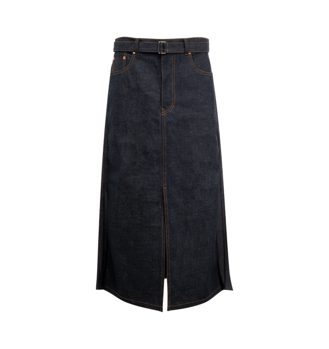 Image 1 of 2 - BLUE - SACAI Denim Skirt featuring belt loops, tone-on-tone belt, button closure and concealed flap zipper, five-pocket style, front split, semi-transparent fabric at the back and pleating. 100% cotton. Made in Japan. 