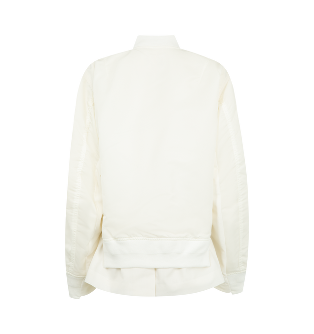 Image 2 of 3 - WHITE - SACAI Nylon Twill & Wool Suiting Jacket featuring nylon satin bomber jacket, paneled construction, rib-knit stand collar, two-way zip closure, press-stud tabs at chest, cropped asymmetric hem and utility pocket at sleeve. Made in Japan. 