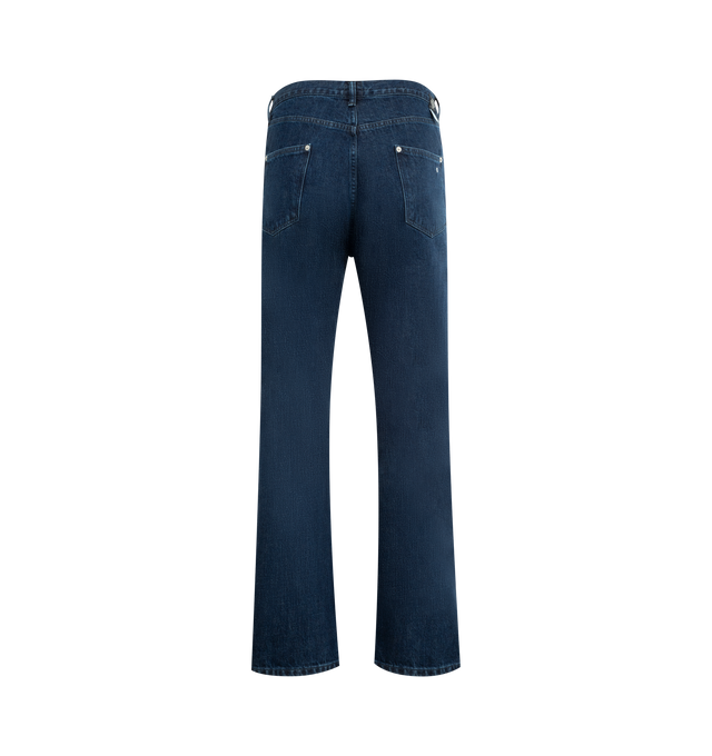 Image 2 of 3 - BLUE - POST O'ALLS 546 Flare-R2 Pant featuring four pocket style, button zip closure, belt loops and minimal flare hem. 100% cotton. Made in Japan. 