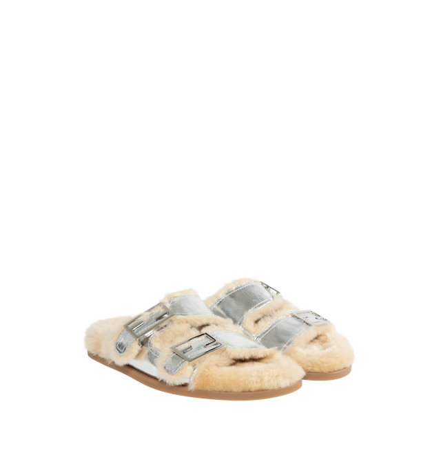 SILVER - FENDI Feel Sandal featuring double-band flat slides with FF Baguette decorative buckles. Made of silver-laminate nappa leather. Beige sheepskin details. Palladium-finish metalware. 100% lamb leather. Inside: 100% sheep fur. Made in Italy.