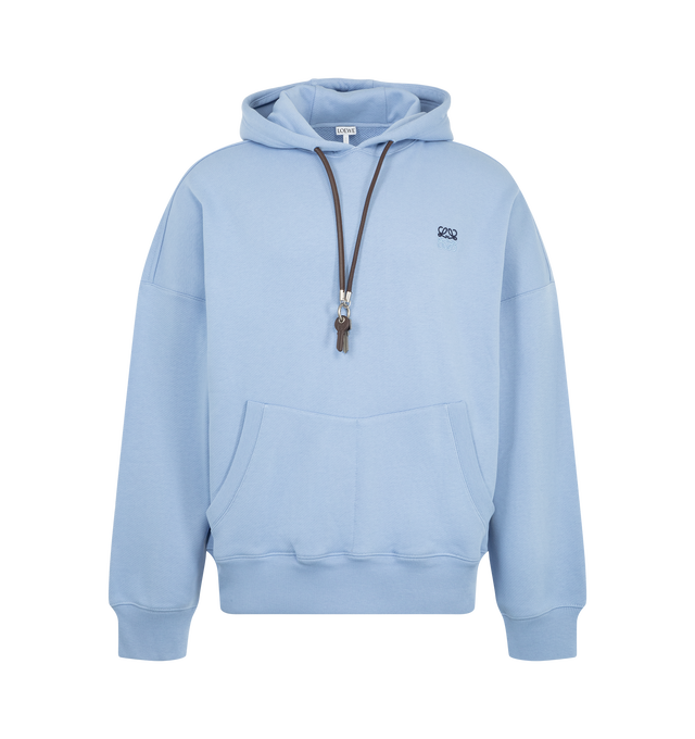 Image 1 of 2 - BLUE - Loewe Men's Key Ring Hoodie in Cotton is crafted from medium-weight loopback cotton fleece and features a regular-fit silhouette with a hooded collar. Designed with a leather drawstring and detachable Anagram key ring, a front kangaroo pocket, ribbed cuffs and hem, and two-tone Anagram embroidery at the chest that showcases the house's signature branding. Main Material: 100% Cotton. Made in Portugal. 