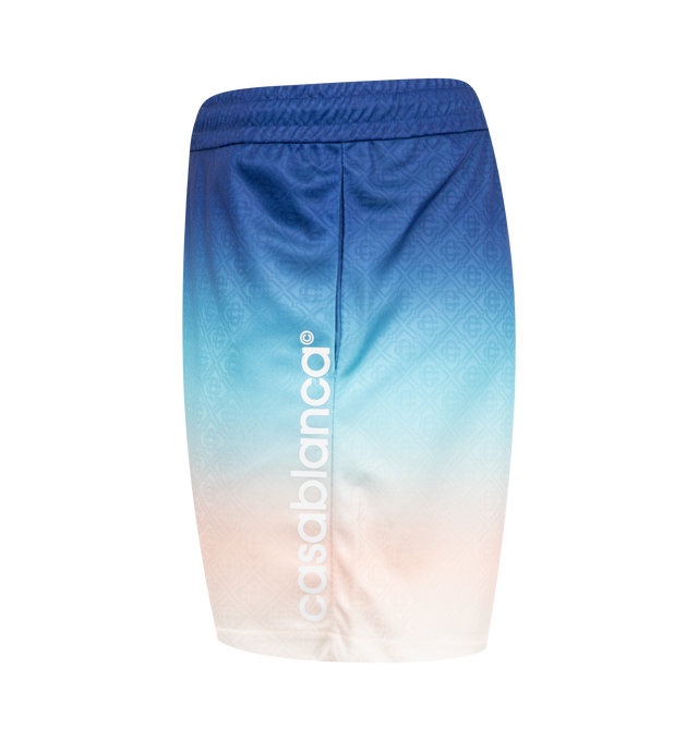 Image 3 of 3 - BLUE - Casablanca Football Shorts have an elastic drawstring waistband, side pockets, a brand signature logo design down the side, and a gradient color theme. 100% polyester. Made in Portugal.  