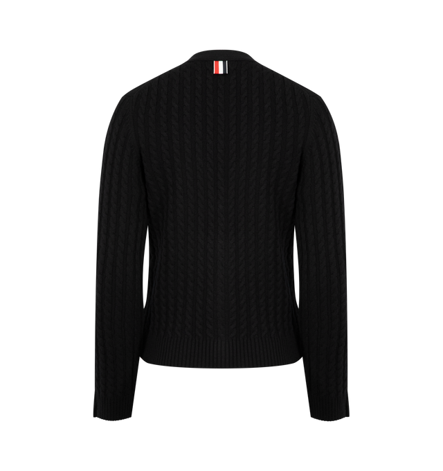 Image 2 of 3 - BLACK - THOM BROWNE Cashmere Baby Cable Stitch Cardigan featuring V-neckline, front closure with anchor-engraved buttons, patch hand pockets with ribbed trim, ribbed cuffs and side vents with buttons and RWB grosgrain trim and signature striped grosgrain loop tab. 100% cashmere. Made in the United Kingdom. 