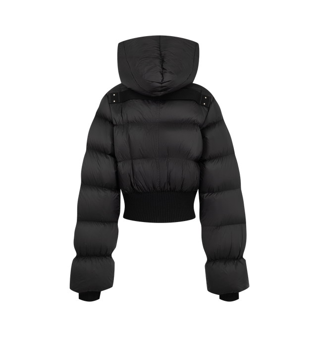 Image 2 of 3 - BLACK - Rick Owens Women's Cinched Hooded Jacket is crafted from lightweight matte nylon and features a waist-length silhouette with a hood and wide ribbed waistband and cuffs. Designed with a center-front zip closure with top snap, snap-closure side pockets, and a signature cotton webbing strap with rivet detailing across the back yoke. Main Material: 100% Polyamide. Rib Knit Trim: 93% Virgin Wool, 5% Nylon, 2% Elastane. Lining: 100% Cupro. Padding: 90% Goose Down, 10% Mallard Feathers. 