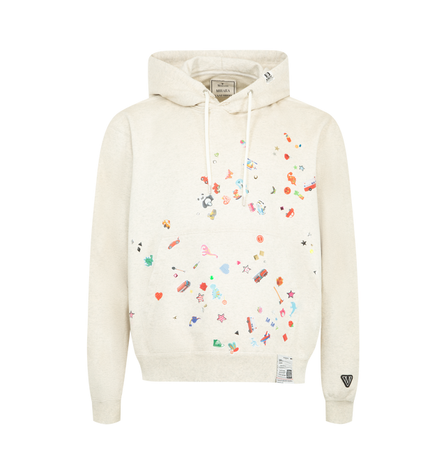 Image 1 of 3 - NEUTRAL - Maison Mihara Yasuhiro Kids Sticker Hoodie is crafted from cotton and features a relaxed silhouette with a drawstring hood, front kangaroo pocket, and signature Sticker graphic artwork for a playful contemporary look. This designer hoodie combines everyday comfort with Maison Mihara Yasuhiro's distinctive streetwear aesthetic, making it an easy layering piece for everyday wear. Main Material: 100% Cotton. Made in Japan. 