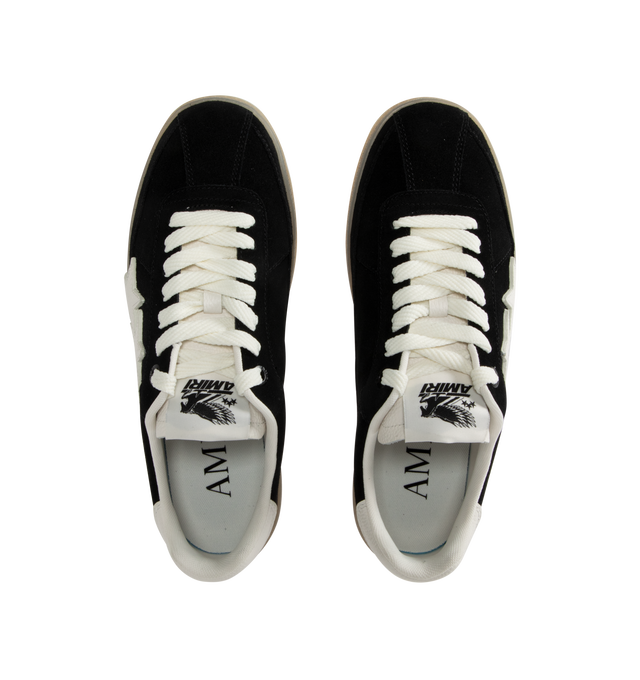 Image 5 of 5 - BLACK - Amiri Men's Pacific athletic sneakers designed in a low, streamlined profile,  crafted on an MA icon-patterned rubber sole with a suede upper and signature leather star appliqus. Made in China.  UPPER: 100% LEATHER SUEDE. SOLE: 100% RUBBER 