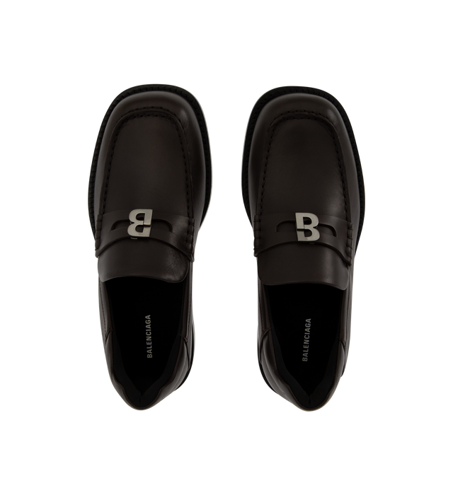 Image 4 of 4 - BROWN - Balenciaga Womens Comfy Loafers are crafted from smooth moka leather. Feature a slip-on silhouette, round toe, metallic detail across the vamp, thick sole, and leather construction designed to develop a natural patina over time. Main Material: Leather; Sole: Leather. Made in Italy. 