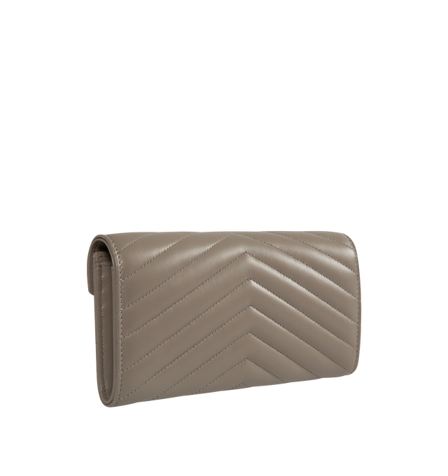 Image 2 of 3 - GREY - SAINT LAURENT Large Flap Wallet featuring quilted overstitching, leather lining, snap button closure, twelve card slots, one coin pocket, two bill compartments and two receipt compartments. 7.5" X 4.3" X 1.2". 100% lambskin.   