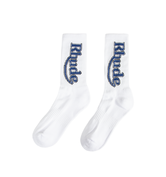 Image 2 of 2 - WHITE - Rhude Mens Vertical Race Trackt Socks are crafted from a cotton, polyester, and spandex blend. Feature a ribbed jersey construction and signature vertical Rhude logo. Main Material: 80% Cotton, 12% Polyester, 8% Spandex.  