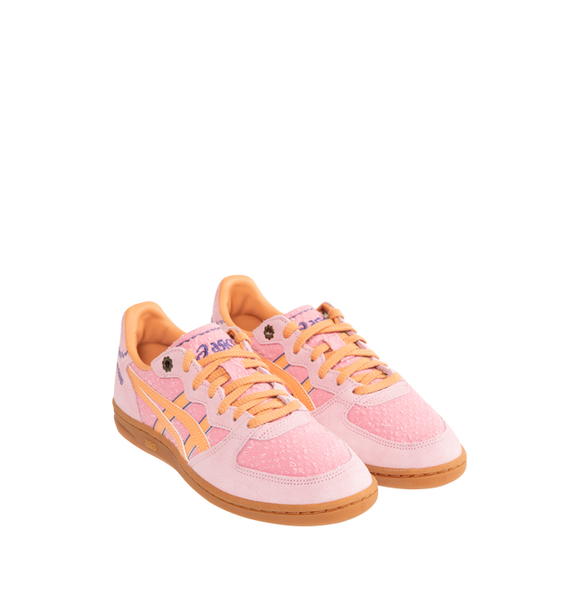 Image 2 of 5 - PINK - ASICS Skyhand OG Sneakers featuring lace up closure, layered upper construction, minimalistic suede leather paneling, suede upper, fabric lining and rubber sole. 