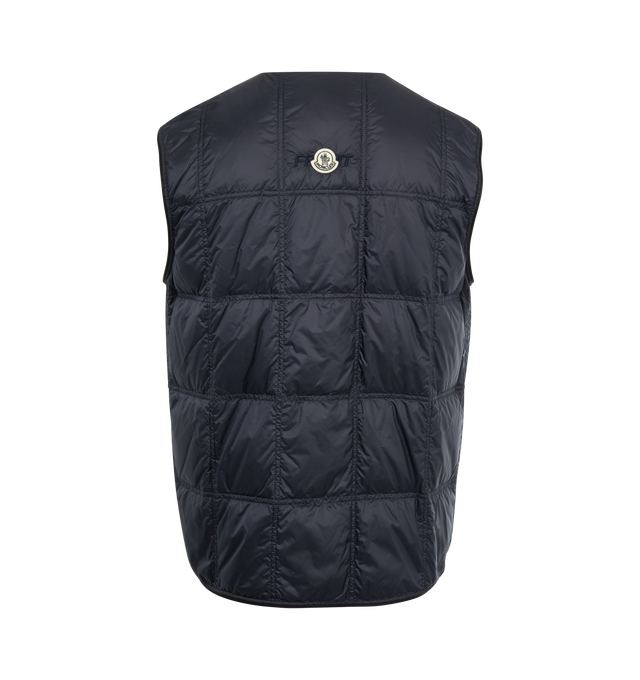 Image 2 of 2 - NAVY - Moncler x FRGMT by Hiroshi Fujiwara collection- Vaile Packable Down Vest featuring longue saison lining, down-filled, packable, snap button closure, side pockets, elastic armholes and hem, embroidered logo and logo patch. 100% polyamide/nylon. Padding: 90% down, 10% feather. 