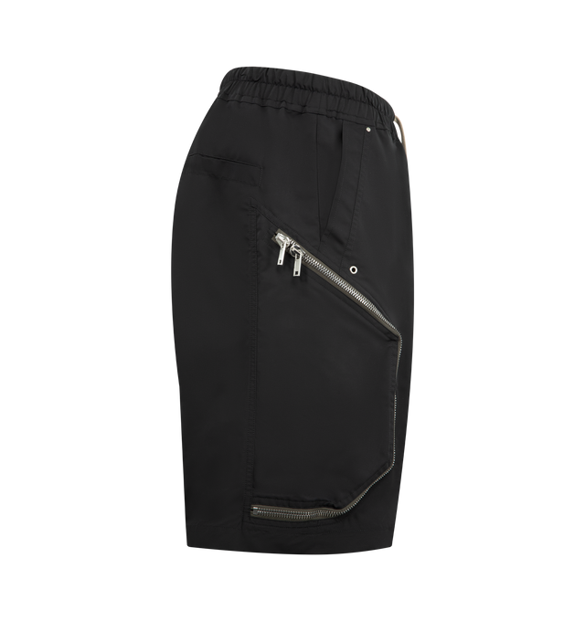 Image 3 of 3 - BLACK - RICK OWENS Heizer Bela Shorts featuring geavyweight stretch organic cotton poplin shorts, GOTS-certified organic cotton, drawstring at elasticized waistband, four-pocket styling, exposed zip fly, eyelets and press-studs at front, two-way zip pocket at outseams and dropped inseam. 97% cotton, 3% elastane. Made in Italy. 