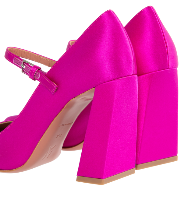 PINK - AMINA MUADDI Charlotte Mary Jane Pumps featuring block heel, square toe, Mary Jane buckle strap and leather outsole. 95MM. Made in Italy.