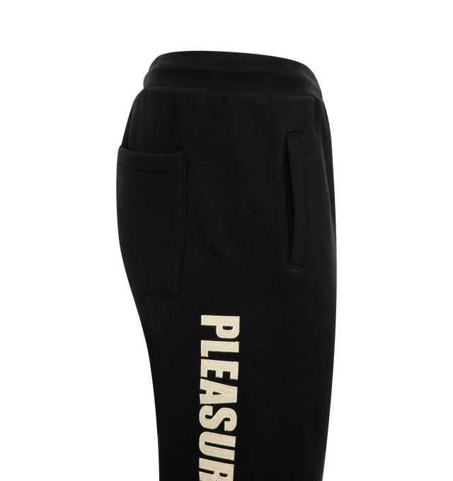 Image 3 of 3 - BLACK - Pleasures Wave Quilted Easy Pants have an elastic drawstring waist, side pockets, and a back patch pocket. 65% cotton, 35% polyester.  