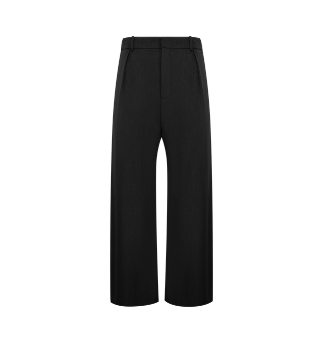 Image 1 of 3 - BLACK - Loewe Men's Trousers in lightweight fluid wool gabardine featuring a rib waistband at the back and pleats at the front. Regular fit, regular length, mid waist, straight leg featuring concealed zip fly, slash pockets, rear welt pocket and LOEWE embossed leather patch placed at the back. Wool. Made in Italy. 