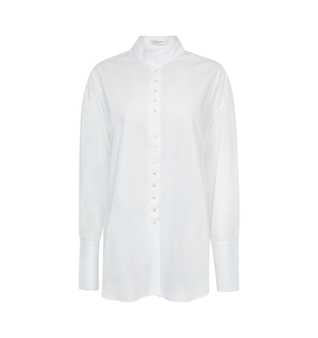Image 1 of 2 - WHITE - THE ROW Ridla Shirt featuring front button closure, button cuffs, shell buttons, long sleeves, stand collar and a flared hem. 100% cotton. Made in Italy.