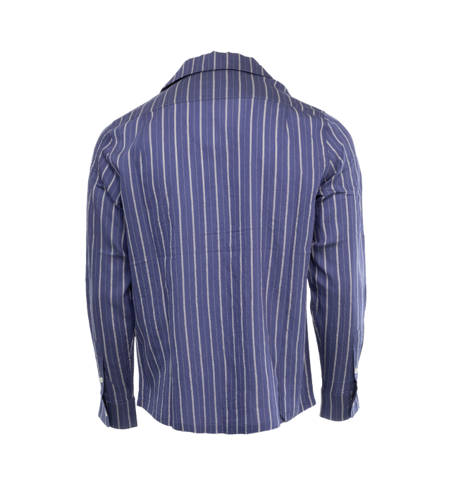 Image 2 of 5 - BLUE - LITE YEAR Camp Collar Shirt featuring button up closure, camp collar, button cuffs, long sleeves and stripes throughout. 86% CLY / 14% PL. 