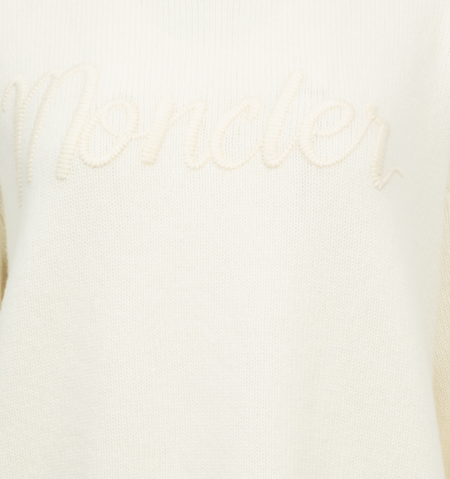 Image 3 of 3 - WHITE - MONCLER Crew Neck Sweater featuring a wool and cashmere blend, stockinette stitch, gauge 5, crew neck and embroidered logo. 90% virgin wool, 10% cashmere. 