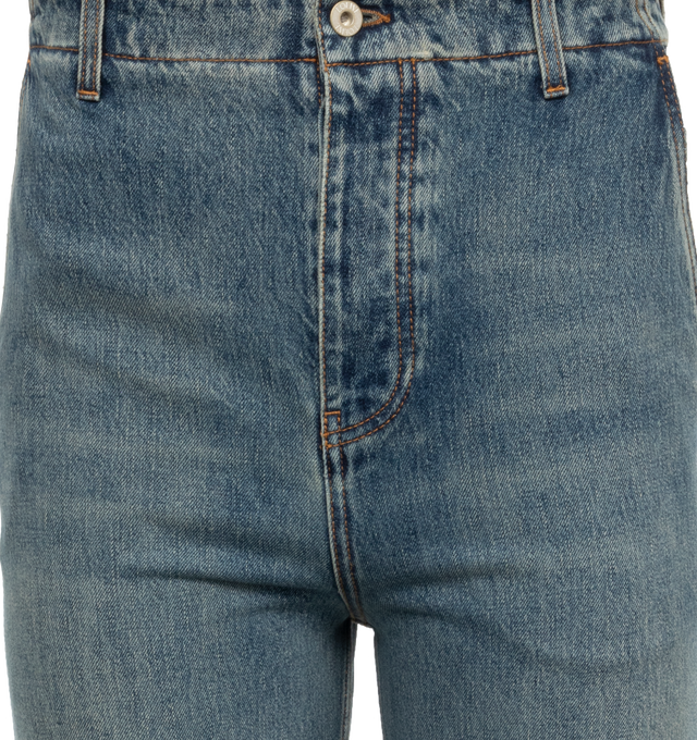 Image 4 of 4 - BLUE - LOEWE Jeans crafted in medium-weight washed cotton denim in  regular fit and regular length with a mid waist and loose leg. Featuring belt loops, concealed button fly, slash pockets, rear patch pockets and LOEWE embossed leather patch placed at the back. 