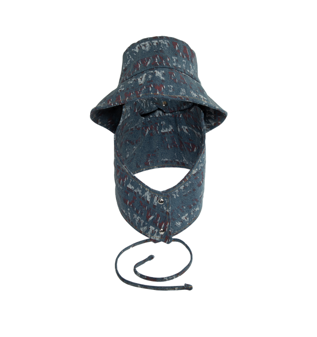 BLUE - LANVIN LAB X FUTURE Printed Fisherman Hat featuring exclusive Lanvin logo motif all over the piece, round shape with a long edge at the back and shoulders and tie cord at both ends. 100% cotton woven. Made in Italy.