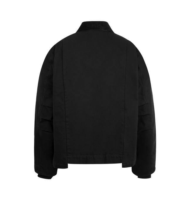 Image 2 of 3 - BLACK - SACAI X CARHARTT WIP Duck Cotton Jacket featuring spread collar, drop shoulders, long sleeves, rib-knit cuffs, chest and side welt pockets, asymmetric hem and front zip closure. 100% cotton. Made in Japan. 