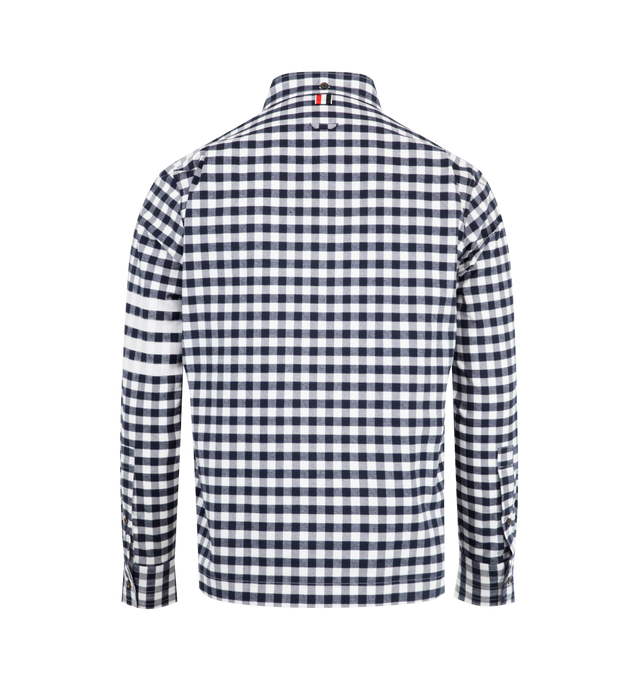 Image 2 of 2 - NAVY - THOM BROWNE Gingham Flannel Shirt featuring front button closure, 4-bar detailing, name tag applique, 2 chest flap pockets with button fastening, pleated back yoke with locker loop and signature striped grosgrain loop tab. 100% cotton. Made in Italy. 