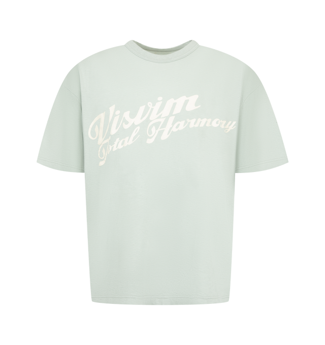 Image 1 of 2 - BLUE - Visvim Men's Jumbo Tee S/S is crafted from cotton jersey and features the brand's signature oversized Jumbo silhouette with a one-wash finish for a soft, lived-in feel. Designed with a classic crewneck, short sleeves, and a logo graphic print that showcases Visvim's vintage-inspired aesthetic. Main Material: 100% Cotton. Made in Japan. 
