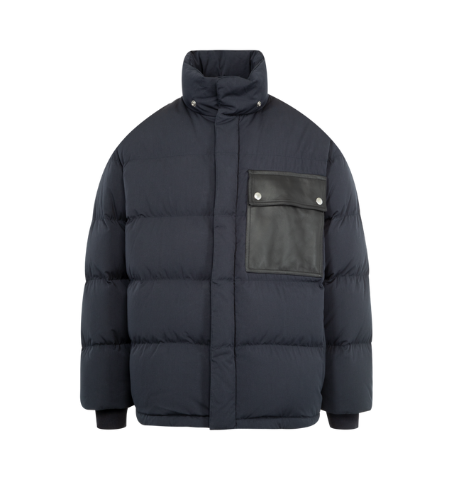 Image 3 of 4 - BLUE - BOTTEGA VENETA Puffer Jacket featuring leather flap front pocket, intrecciato leather elbow patch, stand collar, side pockets with snap closure and removable hood. Made in Italy. 