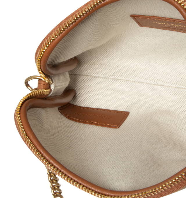 Image 3 of 3 - NEUTRAL - SAINT LAURENT Gaby Camera Bag in Canvas featuring adjustable leather and chain strap, cotton and linen lining, cassandre and zip closure. 7.5" X 4.3" X 1.2". Calfskin leather.  