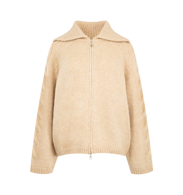 Image 1 of 1 - NEUTRAL - Moncler Women's Alpaca Blend Cardigan is crafted from a soft and tactile alpaca, nylon, and wool blend and features a loose, relaxed silhouette with cable-knit detailing along the sleeves. Designed in a chunky gauge 3 knit, this designer cardigan is finished with a zipper closure and signature Moncler logo patch for a refined take on a seasonless knitwear staple. Main Material: 43% Alpaca, 36% Polyamide/Nylon, 21% Wool. Fit: Loose. Closure: Zipper. Made in Romania. 