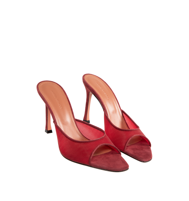 Image 2 of 4 - RED - AMINA MUADDI Alexa Slippers featuring 95mm SR heel, oblique almond toe and mule style. Upper: 70% mesh, 30% goat. Lining: 55% goat, 35% net. 10% kid lining. Sole: 90% calfskin 10% TPU. Made in Italy. 