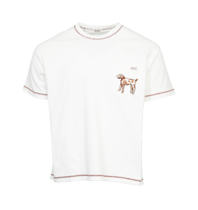 WHITE - BODE Griffon Pocket Tee featuring crew neck, short sleeves, front patch pocket, embroidered "Bode" and zig-zag patterns around the collar, cuffs, and hem. 100% cotton. Made in Portugal.