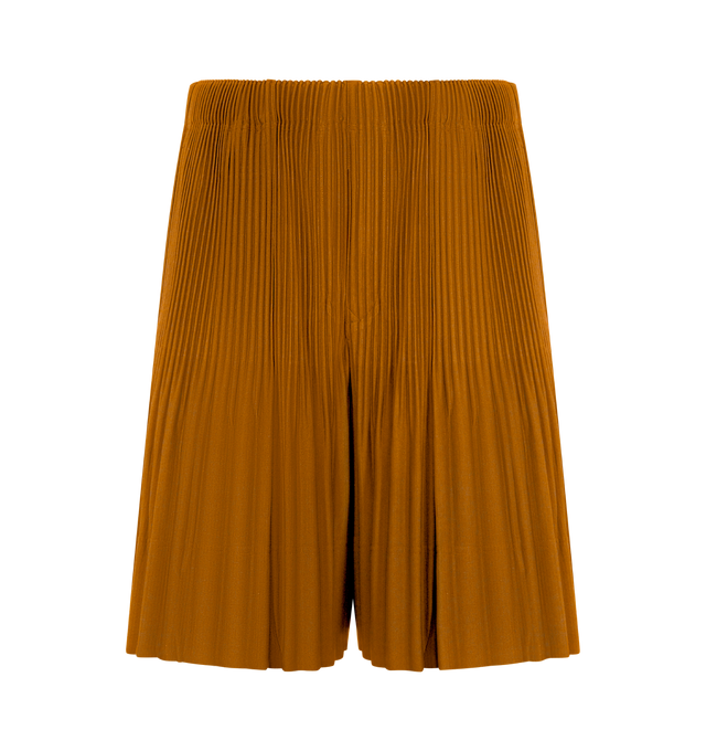 Image 1 of 3 - BROWN - Issey Miyake Men's shorts designed for portability and lightweight comfort, with the quick-drying properties unique to polyester. Featuring elastic drawstring waist, pockets on both sides and button-fly design. 100% Polyester. Made In Japan. 