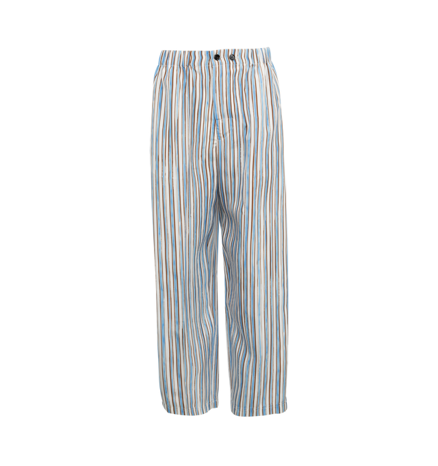 Image 3 of 6 - BLUE - Bottega Veneta Striped Pajama Set has a round collar top with button cuffs, patch pockets that coordinate with elastic waist button fly bottoms that offer side pockets, and a string leg fit. 100% silk. Made in Italy.  