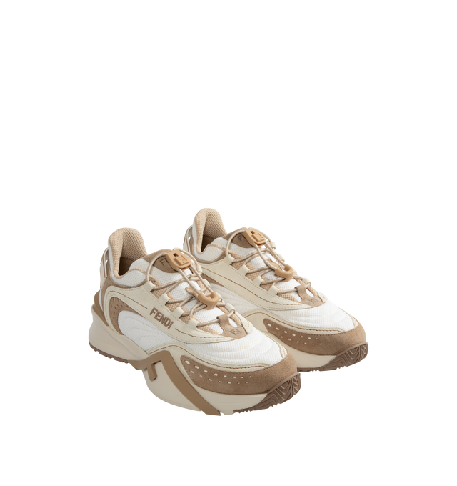 Image 2 of 5 - WHITE - Fendi Flow Sneakers have elastic laces, a side zipper closure, fabric details, embossed logos, and rubber soles. 100% calfskin. Made in Italy.  