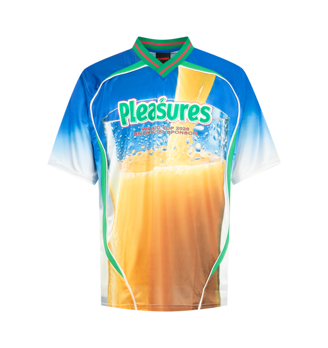 Image 1 of 2 - MULTI - Pleasures Mens OJ Jersey is crafted from polyester tricot. Features a soccer jersey silhouette and all-over digital printed artwork. Main Material: 100% Polyester Tricot. Made in China. 