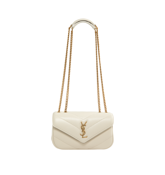 Image 1 of 3 - CREAM - Saint Laurent Women's Loulou Mini Chain Bag is crafted from lambskin leather and features the house's iconic chevron-quilted topstitching, a leather-and-chain shoulder strap, and a lightweight mini silhouette. Designed for versatile crossbody wear, this compact style is finished with bronze-toned hardware, a magnetic snap closure, a leather-lined interior, and a removable leather pouch. Main Material: Lambskin Leather. Lining: Leather. Hardware: Bronze-Toned Brass. Dimensions: 20 x 12 