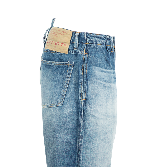 Image 3 of 4 - BLUE - FULLCOUNT Wide Tuck Hakama Denim featuring 11.5oz original selvedge denim, wide leg, 4 pockets, button closure and attached belt. 100% cotton.  
