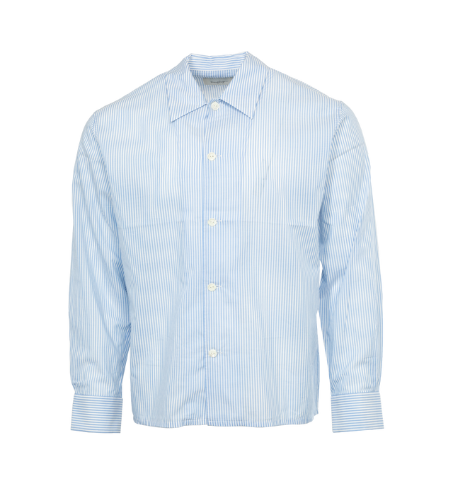Image 1 of 3 - BLUE - SECOND LAYER Relaxed Long Sleeve Shirt featuring classic front button closure, oversized fit, pearl buttons and tonal pin stitch detailing along the collar and cuffs. Poly/rayon blend. 
