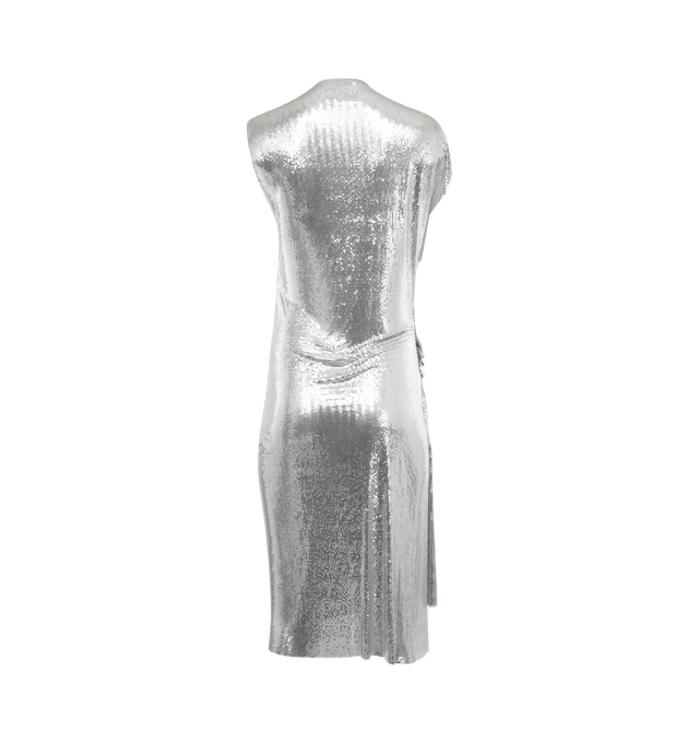 SILVER - RABANNE Draped Mesh Dress featuring draped mesh that is held together by tonal snap buttons, semi-sheer, relaxed fit from the hip down and mid-weight material. 77% viscose, 16% polyester, 7% elastane. Made in France.