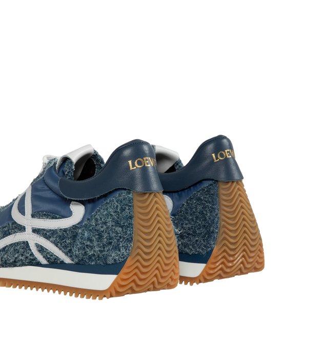 Image 3 of 5 - BLUE - LOEWE Lace-up runner sneaker crafted from nylon and brushed suede in a raw denim color, featuring an L monogram on the quarter and gold embossed LOEWE logo on the backtab. The textured honey-coloured rubber outsole extends to the toe-cap and on to the back of the heel. Made in Italy. 