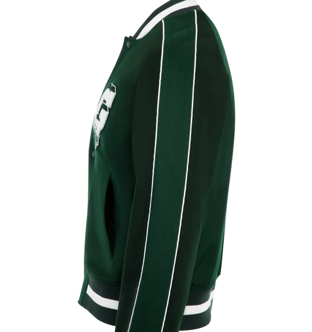 Image 3 of 3 - GREEN - Givency Lettermen Bomber Jacket has a baseball collar, ribbed trims, side pockets, a press stud front closure, and signature brand graphics. 