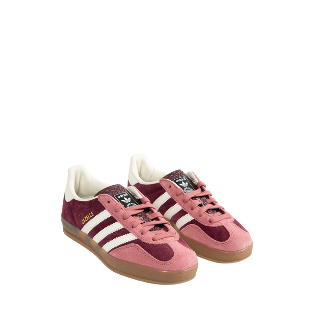 Image 2 of 5 - RED - Adidas Gazelle Bi-Color Indoor Sneakers are a lace-up style with satin uppers, suede and synthetic overlays, and gum outsoles. Textile linings.  