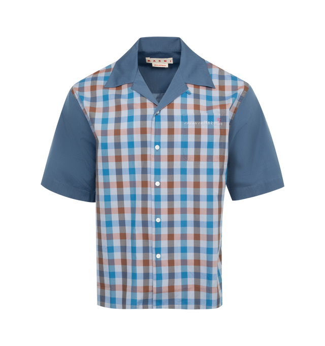 Image 1 of 2 - BLUE - MARNI Camp Shirt featuring checked front, solid back, short sleeves, button front closure, patch pocket and notched collar.  