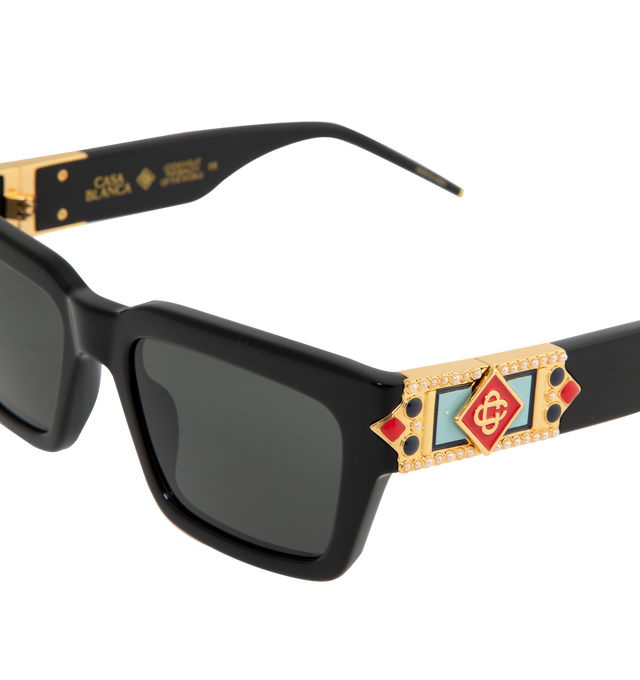 Image 3 of 3 - BLACK - CASABLANCA Monogram Plaque Square Sunglasses featuring Gold-tone and enamel accents, square frame, non-polarized lenses. Plastic frame. Plastic lenses. Made in Japan. 