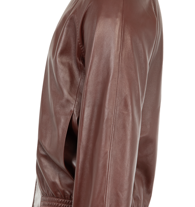 Image 3 of 3 - BROWN - ACNE STUDIOS Leather Jacket featuring funnel neck, soft lamb leather with a smooth handfeel, front seam pockets, elasticated cuffs and hem, metal logo plaque at the back neckline, regular fit and below-waist length. 100% lamb leather. Lining: 50% viscose, 50% acetate. 